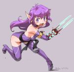  1girl bare_shoulders breasts choker elbow_gloves fingerless_gloves full_body gloves highres isedaichi_ken leotard long_hair looking_at_viewer nei open_mouth phantasy_star phantasy_star_ii pointy_ears purple_hair purple_leotard simple_background solo thigh-highs violet_eyes weapon 