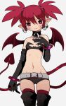 1girl absurdres bat_wings choker closed_mouth demon_girl demon_tail demon_wings disgaea earrings elbow_gloves etna flat_chest gloves highres jewelry looking_at_viewer medium_hair navel pointy_ears red_eyes redhead simple_background skirt skull_earrings smile solo tail thigh-highs twintails wings zinbei 