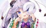  1girl :p blue_eyes blush bow bowtie broken_plate frilled_sleeves frills grey_hair gunjou_row hand_on_own_cheek hand_on_own_face holding holding_plate japanese_clothes kariginu layered_sleeves long_hair looking_at_viewer mononobe_no_futo plate pom_pom_(clothes) ponytail ribbon-trimmed_sleeves ribbon_trim signature solo tongue tongue_out touhou tsurime white_background 