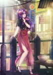  1girl bottle china_dress chinese_clothes closed_mouth dress flower foot_out_of_frame hair_flower hair_ornament hand_fan high_heels highres lipstick long_hair looking_at_viewer makeup mei_ling_(saga) nail_polish plate purple_hair saga saga_frontier shisui_alex smile solo violet_eyes 