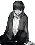  1boy arm_support bangs collared_shirt feet_out_of_frame grey_background greyscale hood hooded_jacket jacket kaneki_ken looking_at_viewer male_focus monochrome open_clothes open_jacket pants parted_lips shiny shiny_hair shiromi_(ringo) shirt simple_background sitting solo tokyo_ghoul 