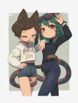  2girls ;3 ;d absurdres animal_ears animal_nose aqua_eyes arm_up belt black_sweater blush borrowed_character braid brown_hair cat_ears cat_girl cat_tail cecile_(porforever) clothes_writing commentary cowboy_shot denim drawstring english_commentary eyewear_lift fangs green_hair hair_ornament hand_on_hip highres hood hood_down hoodie jeans jewelry long_sleeves looking_at_viewer medium_hair multiple_girls o3o one_eye_closed original pants pendant porforever prehensile_tail red_eyes ribbed_sweater short_shorts shorts side_braid smile sunglasses sweater tail tail_wrap white_hoodie x_hair_ornament 