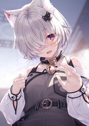  1girl :d absurdres animal_ear_fluff animal_ears bangs bare_shoulders bell belt black_belt black_collar black_dress blurry blurry_background blush cat_ears cat_hair_ornament collar depth_of_field dress eyebrows_visible_through_hair fang from_below grey_hair hair_ornament hair_over_one_eye hasumi_(hasubatake39) highres jingle_bell kuon_(hasumi_(hasubatake39)) long_sleeves looking_at_viewer nail_polish neck_bell original pink_eyes purple_nails short_hair smile solo upper_body 