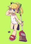  1girl :d arm_behind_head bare_arms bare_shoulders blonde_hair blue_eyes blush breasts broom collarbone full_body green_background green_ribbon hair_ribbon hand_up holding holding_broom looking_at_viewer mawaru_(mawaru) mega_man_(classic) mega_man_(series) old_school_swimsuit one-piece_swimsuit ponytail red_footwear ribbon roll_(mega_man) school_swimsuit shoes simple_background small_breasts smile solo standing standing_on_one_leg swimsuit white_swimsuit 