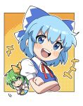  2girls :d ascot blue_bow blue_eyes blue_hair bow cirno collared_shirt cropped_torso crossed_arms daiyousei eyebrows_visible_through_hair green_eyes green_hair hair_bow highres miz_(mizillustration) multiple_girls open_mouth outline outside_border puffy_short_sleeves puffy_sleeves shirt short_hair short_sleeves smile solo_focus touhou v-shaped_eyebrows white_outline white_shirt yellow_ascot yellow_background 