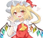  1girl :d ascot bangs blonde_hair blush claw_pose crystal drop_shadow eyebrows_visible_through_hair fang flandre_scarlet frilled_shirt_collar frills hair_between_eyes hand_up hat heart highres long_hair looking_at_viewer mob_cap one_side_up open_mouth puffy_short_sleeves puffy_sleeves red_eyes red_ribbon red_skirt red_vest ribbon shirt short_sleeves simple_background skirt smile solo touhou upper_body vest white_background white_headwear white_shirt wings wrist_cuffs yumeno_ruruka 