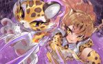  2girls animal_ears animal_hands animal_nose attack bangs black_fur blonde_hair body_fur brown_fur brown_hair cheetah_(kemono_friends) cheetah_ears cheetah_girl cheetah_print clawroline claws colored_inner_hair colored_sclera crossover elbow_gloves extra_ears eyebrows_visible_through_hair fingernails fisheye floating_hair furry furry_female gloves hakoneko_(marisa19899200) highres incoming_attack kemono_friends kirby_(series) kirby_and_the_forgotten_land long_hair looking_at_viewer miniskirt multicolored_hair multiple_girls necktie orange_fur parted_lips print_gloves print_legwear print_necktie print_skirt sharp_fingernails shirt short_sleeves side-by-side skirt slit_pupils smile snout spotted_hair thigh-highs trait_connection v-shaped_eyebrows violet_eyes whiskers white_shirt yellow_eyes yellow_fur yellow_sclera zettai_ryouiki 