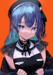  1girl absurdres bangs black_choker black_ribbon black_shirt blue_eyes blue_hair choker closed_mouth colored_inner_hair green_headwear hat highres hololive hoshimachi_suisei long_hair looking_at_viewer multicolored_hair neck_ribbon off_shoulder orange_background ribbon roitz_(_roitz_) shirt simple_background smile solo virtual_youtuber 