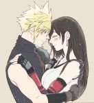  1boy 1girl armor bare_shoulders black_hair blonde_hair blue_eyes blush breasts cloud_strife couple crop_top earrings final_fantasy final_fantasy_vii final_fantasy_vii_remake fingerless_gloves gloves hands_on_another&#039;s_shoulders hug jewelry large_breasts long_hair looking_at_another shoulder_armor shouyu_(soysoy) smile spiky_hair suspenders sweater tank_top tifa_lockhart turtleneck turtleneck_sweater 