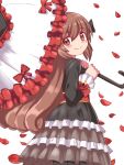 1girl bow brown_eyes brown_hair character_request closed_mouth cougar_(cougar1404) dress frills long_hair looking_at_viewer petals ribbon simple_background skirt smile solo umbrella 