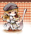  1girl alternate_color argyle argyle_background bangs black_footwear black_headwear blonde_hair blush cabbie_hat chibi commentary_request cross dress food full_body grey_dress hat heart heart-shaped_pupils high_priest_(ragnarok_online) holding holding_food juliet_sleeves long_hair long_sleeves looking_at_viewer lowres open_mouth pekeko_(pepekekeko) puffy_sleeves ragnarok_online red_eyes sash smile solo spoon symbol-shaped_pupils thigh-highs white_legwear white_sash 