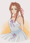  0_ebj 1girl aerith_gainsborough arms_behind_back bangs bare_arms bow braid braided_ponytail breasts brown_hair crisis_core_final_fantasy_vii dress final_fantasy final_fantasy_vii green_eyes hair_bow medium_breasts parted_bangs sidelocks smile solo upper_body white_dress yellow_background 