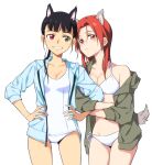  2girls agahari animal_ears bikini black_hair blue_jacket breasts closed_mouth commentary_request green_jacket hair_between_eyes hands_on_hips heterochromia highres jacket looking_at_viewer medium_breasts medium_hair minna-dietlinde_wilcke multiple_girls one-piece_swimsuit open_clothes open_jacket red_eyes redhead sakamoto_mio short_hair side-tie_bikini simple_background smile standing strike_witches swimsuit tail thighs white_background white_bikini white_swimsuit world_witches_series yellow_eyes 