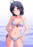  1girl ahoge bikini black_hair breasts collarbone commentary_request cowboy_shot front-tie_top groin hair_ornament hairclip highres hikigaya_komachi konoyan medium_breasts navel side-tie_bikini smile solo standing swimsuit violet_eyes yahari_ore_no_seishun_lovecome_wa_machigatteiru. 