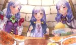  3girls bangs belt_pouch blush bread bread_bun cape capelet circlet commission eyebrows_visible_through_hair fire_emblem fire_emblem:_path_of_radiance fire_emblem_heroes food food_focus fork gloves hair_ornament hand_on_own_chest hand_up highres ilyana_(fire_emblem) jewelry long_hair looking_at_viewer low_twintails miniskirt multiple_girls nei_(aduma1120ponpon) pasta pouch purple_hair shiny shiny_hair short_sleeves skeb_commission skirt spaghetti spoon standing steak twintails violet_eyes 