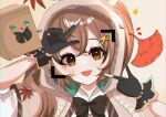  1girl :d autumn_leaves bangs bow bowtie brown_capelet brown_cloak brown_eyes brown_hair capelet cloak feather_hair_ornament feathers friend_(nanashi_mumei) gloves hair_ornament hairclip hana20000920 hieroglyphics hololive hololive_english hood hood_up looking_at_viewer multicolored_hair nanashi_mumei one_eye_closed partially_fingerless_gloves ponytail ribbon shirt smile sparkle streaked_hair viewfinder virtual_youtuber white_shirt 