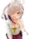  1girl ahoge asashimo_(kancolle) breasts collarbone collared_shirt grey_eyes hair_over_one_eye highres kantai_collection long_hair looking_at_viewer multicolored_hair open_clothes open_mouth open_shirt ponytail purple_hair school_uniform sharp_teeth shirt silver_hair small_breasts solo sparkling-rain teeth white_shirt 