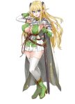  1girl armor asanagi bangs blonde_hair blue_eyes boots breasts cape cleavage_cutout clothing_cutout covered_nipples cross-laced_footwear earrings elf elf_village eyebrows_visible_through_hair eyes_visible_through_hair fold-over_boots gloves green_footwear green_gloves hair_between_eyes highres holding holding_sword holding_weapon jewelry knee_boots lace-up_boots large_breasts looking_at_viewer open_mouth pauldrons pleated_skirt pointy_ears sheath sheathed shoulder_armor simple_background skirt solo standing sword sylvia_(elf_village) teeth thigh-highs transparent_background twintails weapon white_legwear white_skirt 