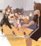  3girls animal_ears artist_name bandaid bandaid_on_face bandaid_on_nose bangs bare_arms bare_shoulders basketball basketball_jersey basketball_uniform black_hair black_legwear black_shorts brown_hair clenched_teeth collarbone commentary_request compression_sleeve crowd faceless faceless_male gym highres horse_ears horse_girl horse_tail indoors long_hair looking_at_another mukakin multiple_girls narita_brian_(umamusume) open_mouth ponytail red_eyes running shoes shorts sirius_symboli_(umamusume) sneakers socks sportswear standing standing_on_one_leg sweat tail tank_top teeth umamusume v-shaped_eyebrows vodka_(umamusume) white_shorts yellow_eyes 