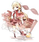  1girl bangs blonde_hair boots brown_dress brown_footwear brown_hair candy cape commentary_request creator_(ragnarok_online) dress eyebrows_visible_through_hair flask flat_chest food full_body fur-trimmed_footwear gloves holding holding_candy holding_food holding_lollipop jigsaw_puzzle lollipop long_hair looking_at_viewer pekeko_(pepekekeko) potion puzzle ragnarok_online red_cape round-bottom_flask scroll short_dress solo vial white_background white_gloves 