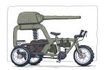  cannon from_side gatling_santouhei ground_vehicle highres military military_vehicle motor_vehicle no_humans original parody simple_background tank tricycle vehicle_focus white_background 