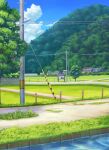  absurdres blue_sky building clouds commentary_request cumulonimbus_cloud fence grass highres house lamppost mountain no_humans original power_lines rural scenery sky tamikko tree utility_pole water 