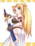  1girl ass blonde_hair blue_eyes character_request cougar_(cougar1404) fingerless_gloves gloves long_hair looking_at_viewer looking_back smile solo standing sword weapon 