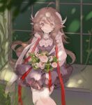  1girl absurdres ahoge animal_ears arknights blurry blurry_foreground bouquet brown_eyes brown_hair closed_mouth commentary_request depth_of_field dress eyjafjalla_(arknights) feet_out_of_frame fengyin_shici_guozi flower grey_dress highres holding holding_bouquet horns long_hair looking_at_viewer pink_flower puffy_short_sleeves puffy_sleeves sheep_ears sheep_girl sheep_horns shirt short_sleeves sitting smile solo thigh-highs very_long_hair white_flower white_legwear white_shirt window 