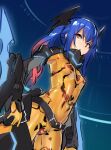  1girl blue_background blue_hair bodysuit breasts cowboy_shot exoskeleton gradient_hair headpiece highres long_hair looking_at_viewer multicolored_hair ohlia parted_lips phantasy_star phantasy_star_online phantasy_star_online_2 quna_(pso2) small_breasts solo standing yellow_bodysuit zelsius 