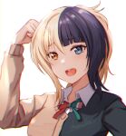  1girl asaka_karin bangs black_cardigan black_hair blonde_hair blue_eyes blush brown_cardigan brown_eyes cardigan collared_shirt eyebrows_visible_through_hair fusion green_ribbon love_live! love_live!_nijigasaki_high_school_idol_club miyashita_ai multicolored_hair open_clothes portrait red_ribbon ribbon shamakho shirt solo two-tone_hair white_background 