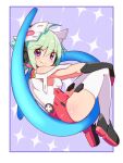  1girl ahoge ass azure_striker_gunvolt breasts closed_mouth cougar_(cougar1404) elbow_gloves full_body gloves green_hair headgear leotard looking_at_viewer looking_back roro_(gunvolt) short_hair smile solo thigh-highs violet_eyes white_legwear 