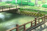 absurdres bench bush commentary_request fence grass highres no_humans original river scenery shadow sign tamikko tree water wooden_fence 