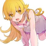  1girl bangs blonde_hair blush_stickers commentary dress fang hair_between_eyes highres long_hair looking_at_viewer lower_teeth monogatari_(series) open_mouth oshino_shinobu pink_dress simple_background sleeveless sleeveless_dress solo sugimoto_(niboshiumai) teeth white_background yellow_eyes 