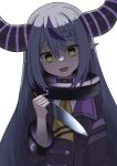  1girl ascot bangs black_collar braid collar demon_horns fangs grey_hair hair_between_eyes highres holding holding_knife hololive horns jacket knife la+_darknesss long_hair long_sleeves micon multicolored_hair pointy_ears purple_hair simple_background solo streaked_hair upper_body virtual_youtuber white_background yandere yellow_ascot 