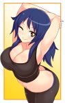  1girl arms_behind_head ass blue_hair blush breasts character_request closed_mouth cougar_(cougar1404) highres long_hair looking_at_viewer navel one_eye_closed smile solo yellow_eyes 