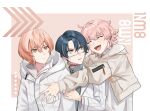  3boys black_hair closed_eyes glaring glasses highres itsuki_(paradox_live) long_hair looking_at_another miyama_kei multicolored_background multiple_boys orange_eyes orange_hair paradox_live pink_background pink_hair rokuta short_hair smile white_background ychun88 yellow_eyes 