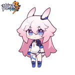  1girl animal_ears bangs black_shorts blue_eyes blue_footwear blush_stickers boots chibi closed_mouth copyright_name cropped_jacket eta eyebrows_visible_through_hair fox_ears full_body hair_between_eyes honkai_(series) honkai_impact_3rd long_hair looking_at_viewer pink_hair see-through shirt short_shorts short_sleeves shorts simple_background solo standing very_long_hair white_background white_shirt yae_sakura 