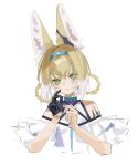  1girl adjusting_clothes adjusting_gloves animal_ear_fluff animal_ears arknights bangs bare_shoulders black_gloves blonde_hair blue_hairband braid closed_mouth commentary_request cropped_torso enne_kl eyebrows_behind_hair fox_ears gloves green_eyes hair_between_eyes hair_rings hairband hands_up head_tilt highres looking_at_viewer multicolored_hair shirt simple_background single_glove solo suzuran_(arknights) twin_braids two-tone_hair upper_body white_background white_hair white_shirt 