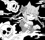  1girl :3 animal_ears bad_id bad_twitter_id bangs blunt_bangs bow braid buttons cat_ears closed_mouth dress eyebrows_behind_hair facial_mark greyscale hair_bow hands_up hitodama kaenbyou_rin long_sleeves looking_at_viewer monochrome paw_pose safe3133 skull sleeve_cuffs slit_pupils solo touhou twin_braids upper_body whisker_markings 