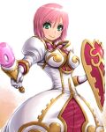 1girl amania_orz breasts closed_mouth dress estellise_sidos_heurassein gloves green_eyes looking_at_viewer pink_hair shield short_hair simple_background smile solo tales_of_(series) tales_of_vesperia weapon 