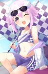  1girl ;d absurdres alternate_costume bare_shoulders bimmy blush checkered_flag crop_top d-pad d-pad_hair_ornament day eyewear_on_head flag hair_ornament happy highres holding holding_flag jacket knee_up looking_at_viewer medium_hair midriff miniskirt navel neptune_(neptune_series) neptune_(series) off_shoulder one_eye_closed open_clothes open_jacket outdoors purple_hair purple_skirt purple_tank_top sitting skirt smile solo sunglasses tank_top violet_eyes 