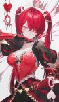  1girl bangs breasts closed_mouth collar eyes_visible_through_hair gauntlets grimlight hand_up heart looking_at_viewer medium_breasts pink_eyes puffy_sleeves queen_of_hearts_(grimlight) redhead solo twintails upper_body wanke 