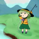  2girls bow dress fishing_rod grass green_eyes green_footwear green_hair green_headwear green_skirt koishi_komeiji&#039;s_heart-throbbing_adventure komeiji_koishi lake luluco_shan mountain multiple_girls orange_bow orange_dress orange_shirt shirt skirt touhou wriggle_nightbug 