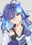  1boy ahoge airani_iofifteen_(artist) androgynous aqua_hair bangs black_shirt blue_eyes blue_fire blue_hair breastless_clothes collarbone eyebrows_visible_through_hair fire grin highres hitodama holostars jacket long_hair looking_at_viewer minase_rio multicolored_hair necktie shirt skeleton_print smile solo virtual_youtuber white_jacket 