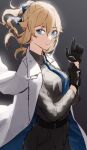  1girl bad_id bad_twitter_id belt black_belt black_gloves black_pants black_shirt blonde_hair blue_eyes blue_necktie closed_mouth coat coat_on_shoulders cowboy_shot cozyu from_side genshin_impact gloves hair_between_eyes highres jean_(genshin_impact) looking_at_viewer looking_to_the_side necktie pants shirt solo 