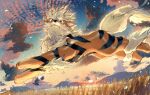  arcanine bright_pupils clouds commentary_request fangs from_side jumping looking_at_viewer looking_down no_humans outdoors p!k@ru pokemon pokemon_(creature) rain sky solo sun white_pupils 