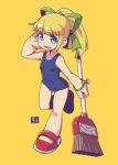  1girl :d arm_behind_head bare_arms bare_shoulders blonde_hair blue_eyes blue_swimsuit blush breasts broom collarbone full_body green_ribbon hair_ribbon hand_up holding holding_broom looking_at_viewer mawaru_(mawaru) mega_man_(classic) mega_man_(series) old_school_swimsuit one-piece_swimsuit ponytail red_footwear ribbon roll_(mega_man) school_swimsuit shoes simple_background small_breasts smile solo standing standing_on_one_leg swimsuit yellow_background 