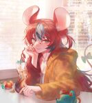  1girl absurdres animal_ear_fluff animal_ears bangs bendy_straw black_hair blue_bow bow collarbone cup drinking_straw english_commentary hakos_baelz handot_(d_yot_) highres hololive hololive_english hood hoodie leaning_forward mouse_ears mouse_girl mr._squeaks_(hakos_baelz) multicolored_hair orange_hoodie redhead smile solo streaked_hair virtual_youtuber white_hair 