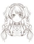  1girl amiya_aranha amiya_aranha_(artist) bangs braid english_commentary eyebrows_visible_through_hair greyscale hairband lolita_hairband long_hair looking_at_viewer monochrome sketch smile solo tsunderia twin_braids virtual_youtuber white_background 