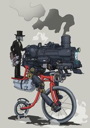  1other absurdres bicycle black_footwear black_headwear black_jacket black_pants black_suit formal fusion gatling_santouhei grey_background grey_necktie ground_vehicle hat highres jacket locomotive necktie original pants penny-farthing robot shoes simple_background smoke steampunk suit top_hat 